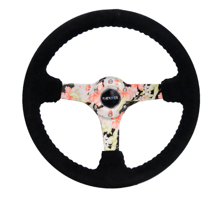 NRG Reinforced Steering Wheel Black Suede Floral Dipped with Black Baseball Stitch (350mm / 3in Deep) - OneFastShop