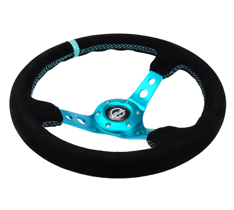 NRG Reinforced Steering Wheel with Black Suede/ Teal Center Mark - 350mm/ 3in. Deep - OneFastShop
