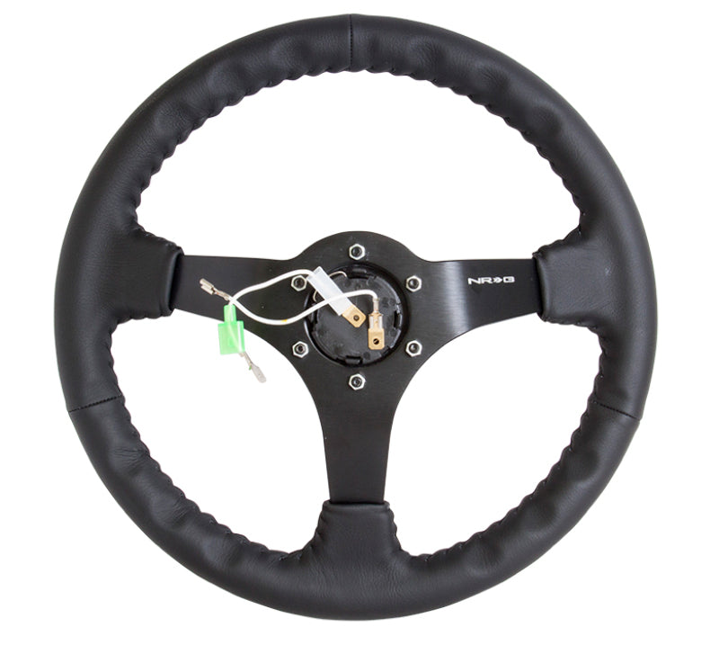 NRG Steering Wheel Reinforced 350mm 3in. Deep Black Leather with Black Basketball Stitch (Odi Bakchis Edition) - OneFastShop
