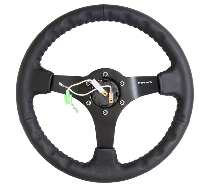 NRG Steering Wheel Reinforced 350mm 3in. Deep Black Leather with Black Basketball Stitch (Odi Bakchis Edition) - OneFastShop