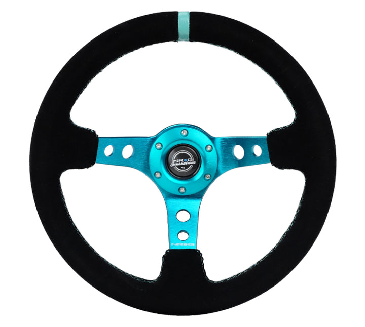 NRG Reinforced Steering Wheel with Black Suede/ Teal Center Mark - 350mm/ 3in. Deep - OneFastShop