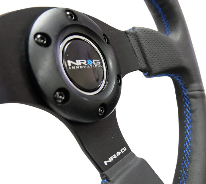 NRG Reinforced Steering Wheel Black Leather with Blue Stitching (320mm) - Vehicle Compatibility Not Provided - OneFastShop
