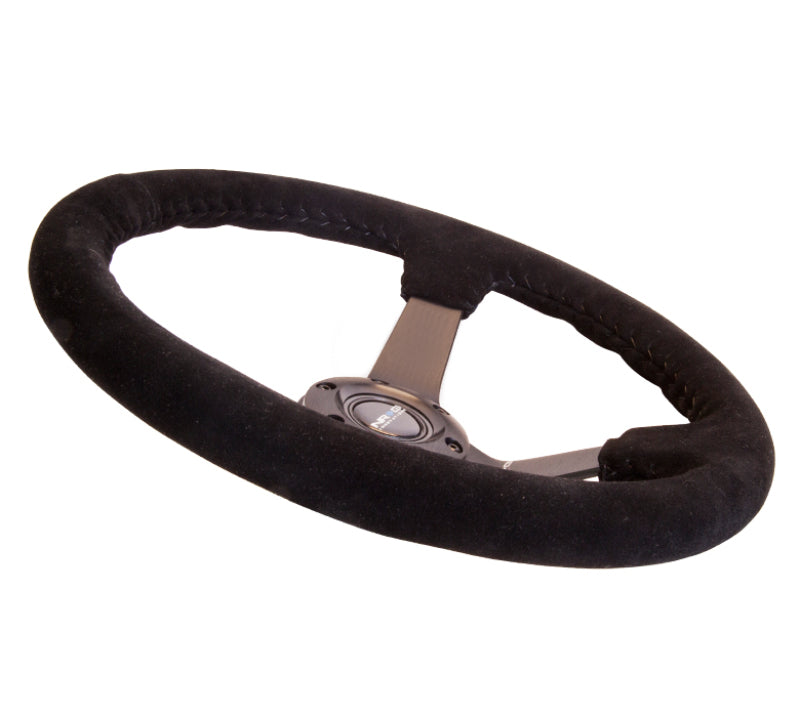 NRG Reinforced Steering Wheel 350mm 3in Deep Black Suede with Black BBall Stitch Odi Bakchis Edition