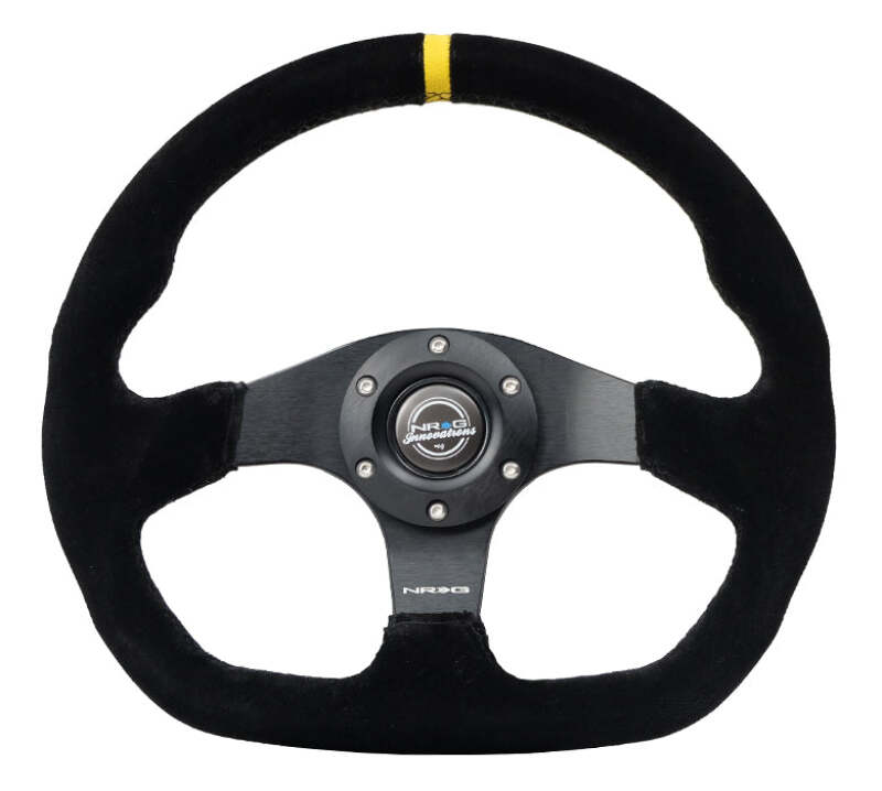 NRG Reinforced Flat Bottom Steering Wheel - 320mm Suede - Yellow Center Mark