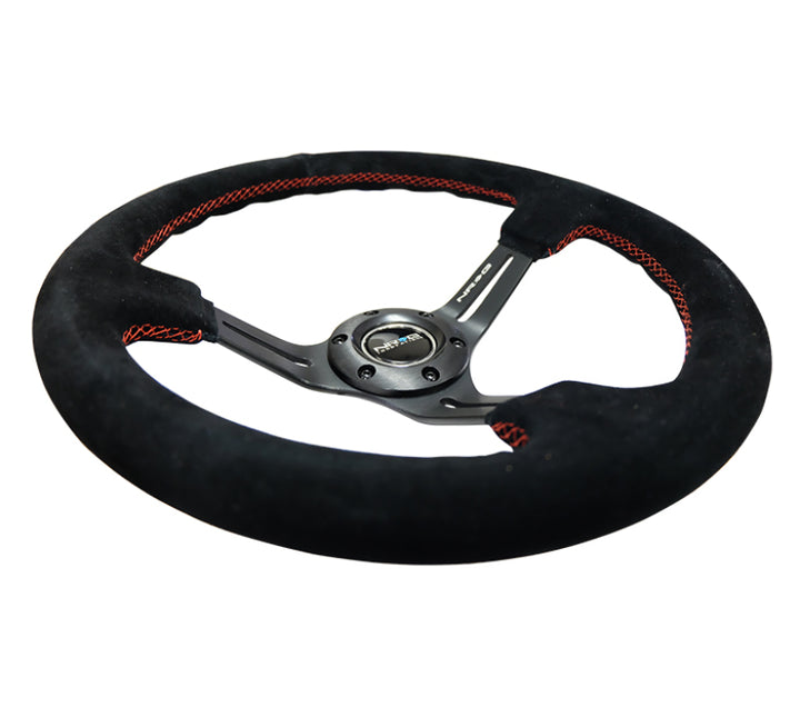 Nrg Reinforced Steering Wheel Blk Suede with Red Stitching - 350mm Diameter - 3in. Deep - OneFastShop