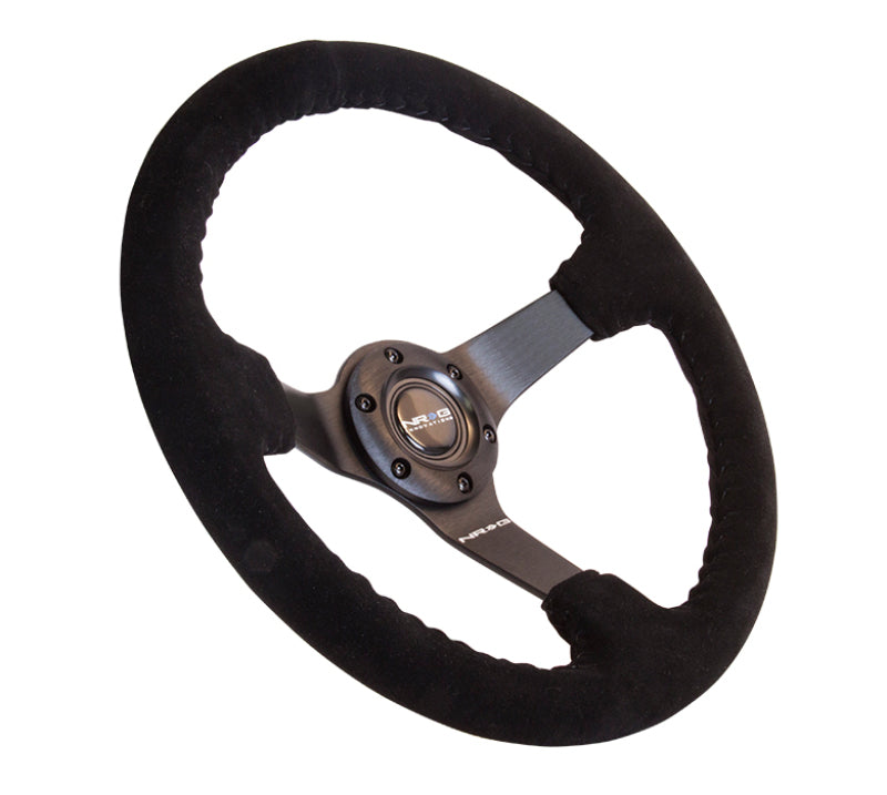 NRG Reinforced Steering Wheel 350mm 3in Deep Black Suede with Black BBall Stitch Odi Bakchis Edition