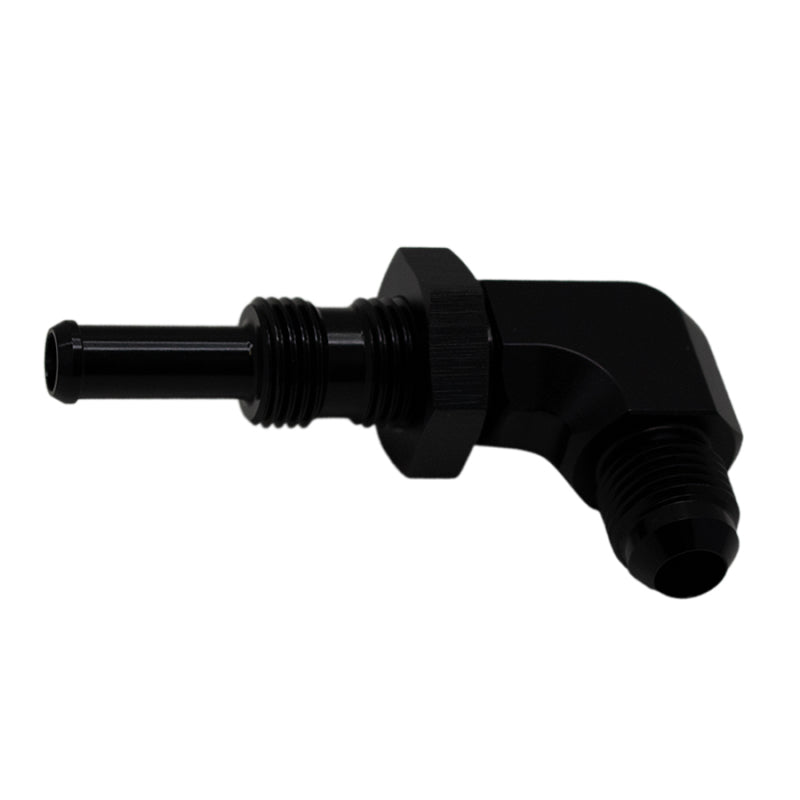 DeatschWerks 6AN Male Flare to 5/16in Male Barb 90-Degree Bulkhead Adapter - Matte Black - Includes Nut