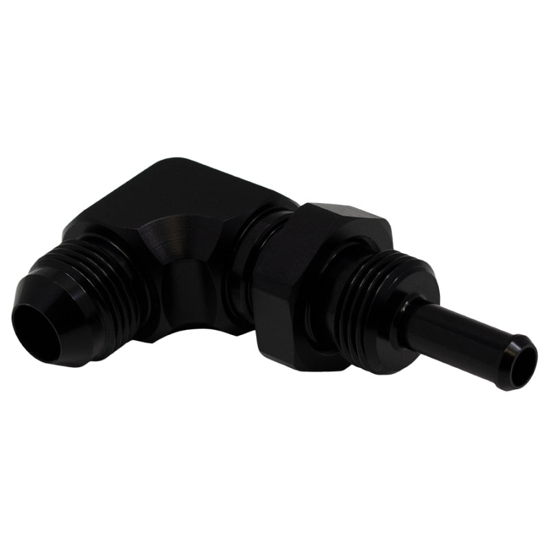 DeatschWerks 8AN Male Flare to 5/16in Male Barb 90-Degree Bulkhead Adapter - Matte Black - Includes Nut