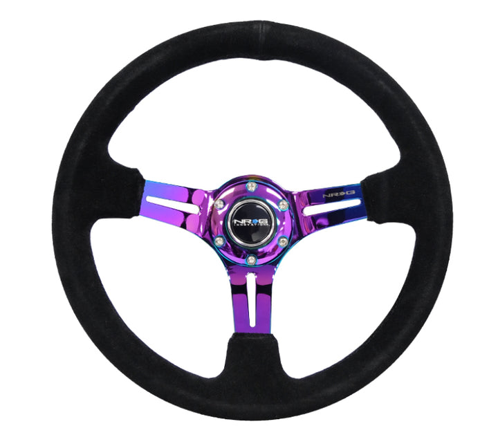 Nrg Reinforced Steering Wheel 350mm 3in Deep Blk Suede Blk Stitch w/Neochrome Slits - OneFastShop