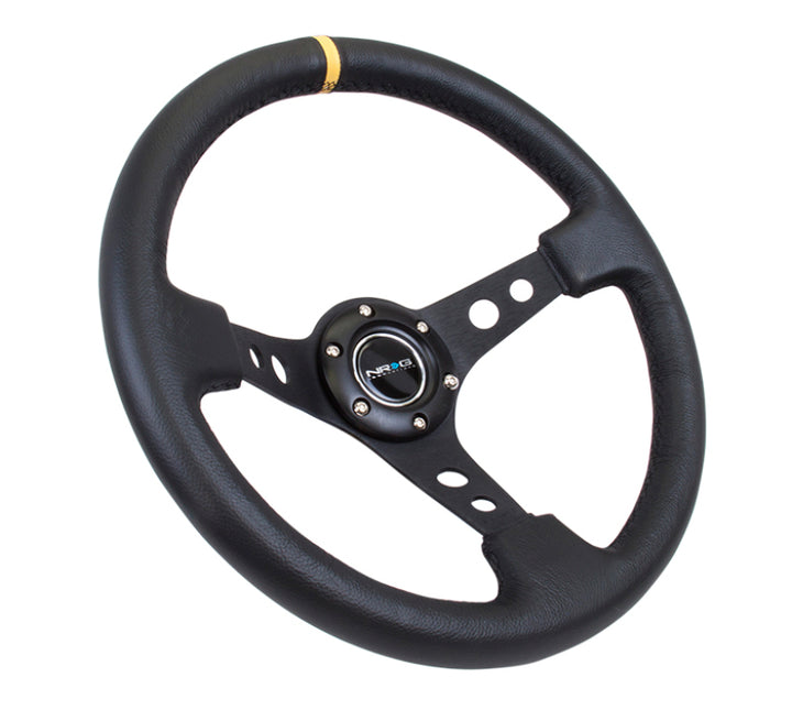 NRG Steering Wheel 350mm 3in Deep Black Leather with Black Cutout Spoke Yellow Center - Compatible with Various Vehicles - OneFastShop