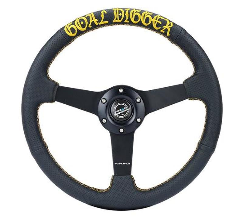 NRG Sport Steering Wheel Black Leather/Gold Stitch Matte Black Solid Spokes - 350mm/1.5in Deep - OneFastShop