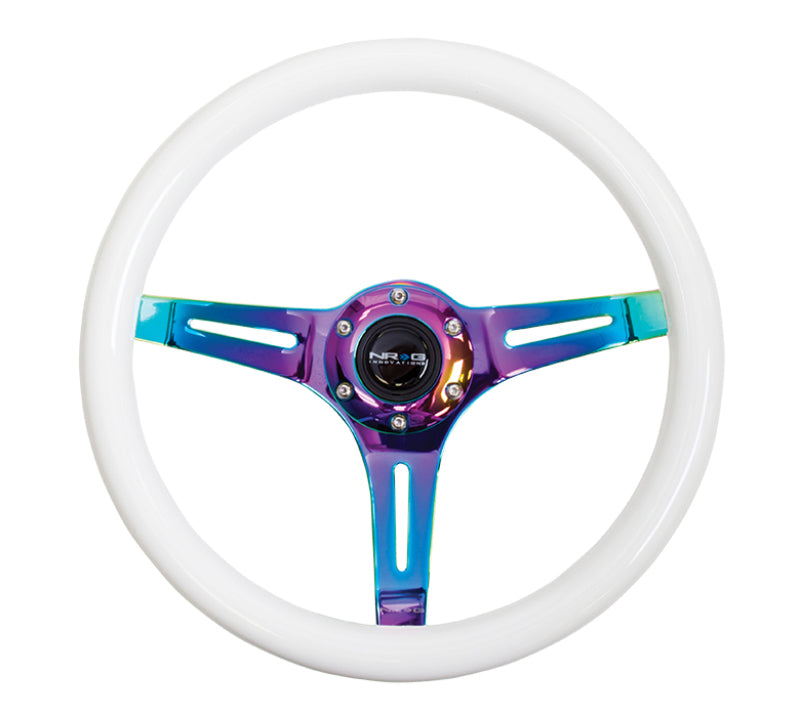 Nrg Classic Wood Grain Steering Wheel 350mm Glow-N-The-Dark Green Grip Neochrome 3-Spoke - Compatible with Multiple Vehicles - OneFastShop