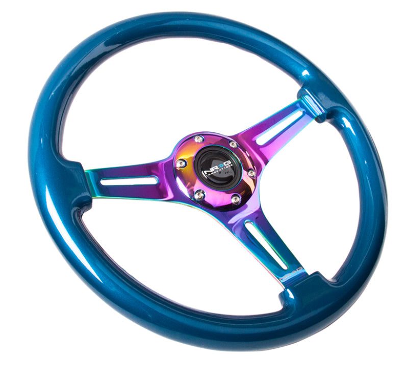 NRG Classic Wood Grain Steering Wheel 350mm Blue Pearl Neochrome 3-Spoke Center - OneFastShop