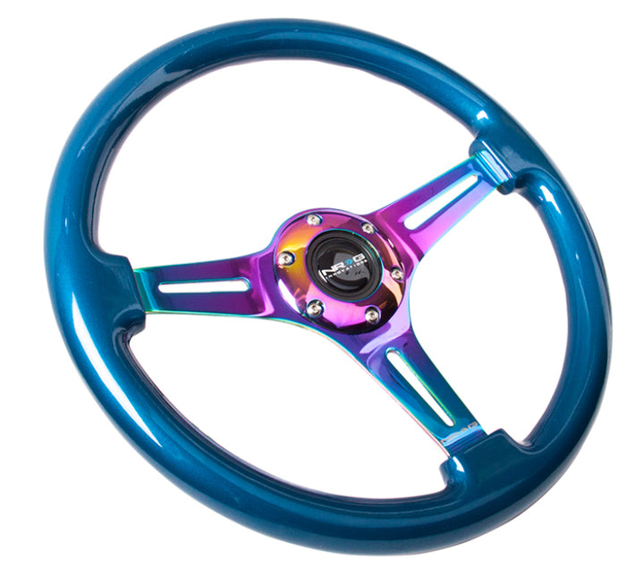 NRG Classic Wood Grain Steering Wheel 350mm Blue Pearl Neochrome 3-Spoke Center - OneFastShop