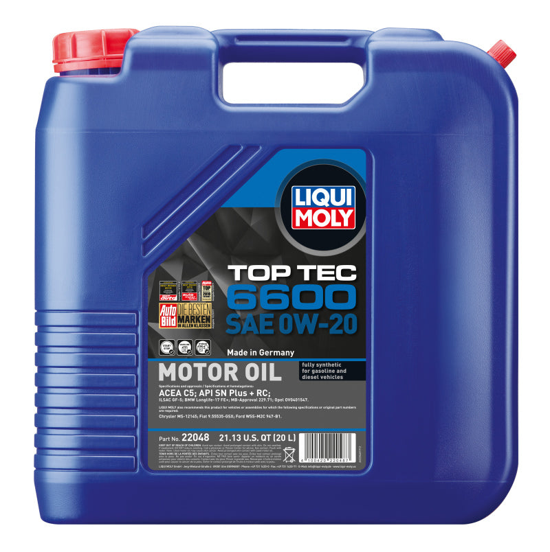 LIQUI MOLY 20L Top Tec 6600 Motor Oil SAE 0W20 Low Friction for Acura ILX Integra MDX RDX TLX BMW 228i 320i 330i 530i 740i