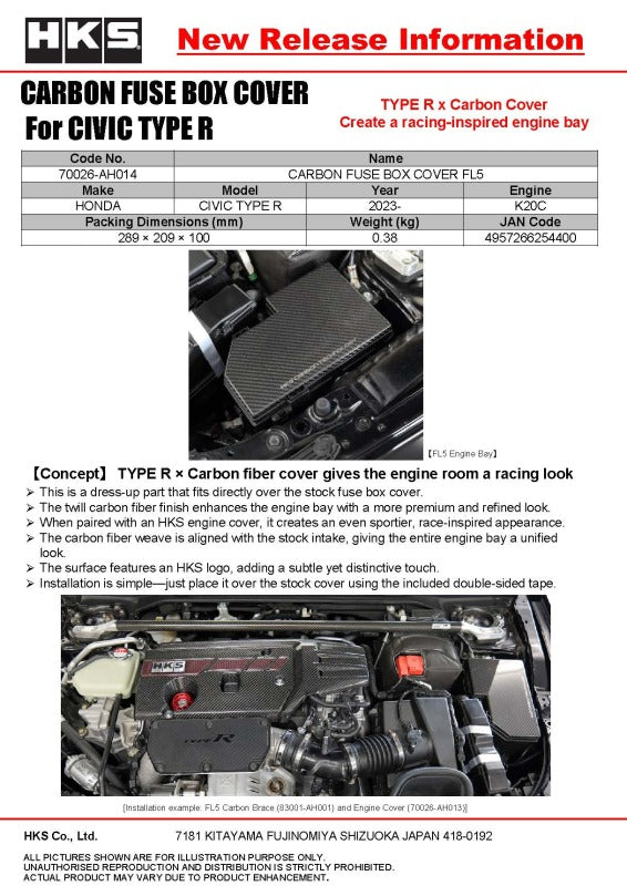 HKS Dry Carbon Fiber Engine Cover - Honda Civic Type R (FK8/FL5) 2017-2025, image 7