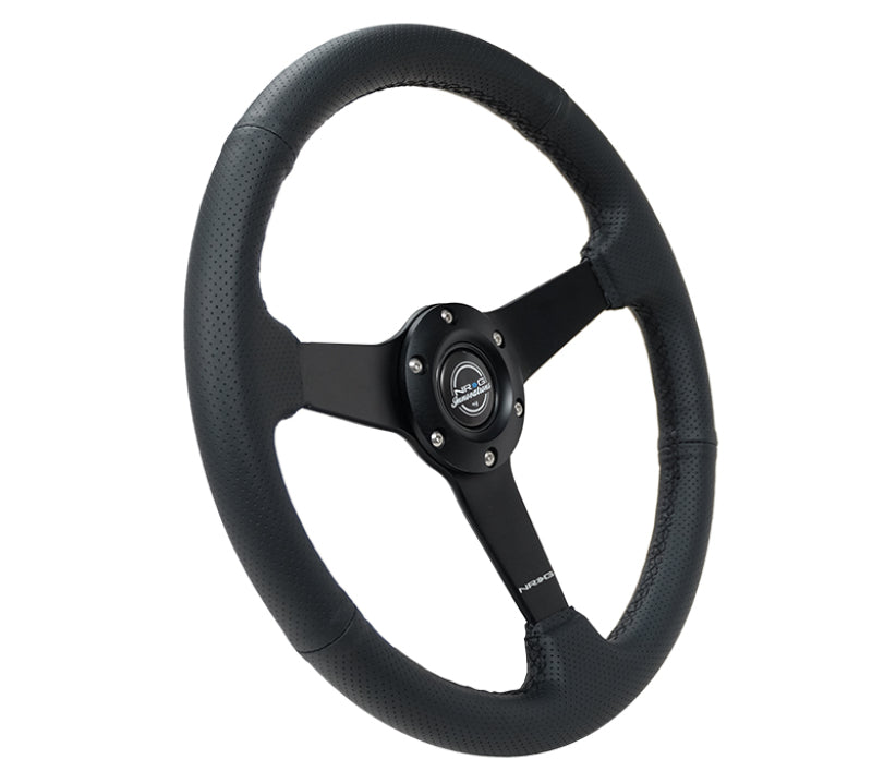 NRG Sport Steering Wheel – (350mm 1.5 in.) Black Leather Black Stitch Black Spokes - OneFastShop