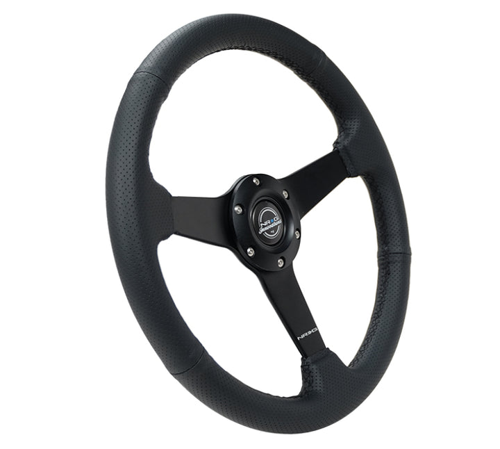 NRG Sport Steering Wheel – (350mm 1.5 in.) Black Leather Black Stitch Black Spokes - OneFastShop