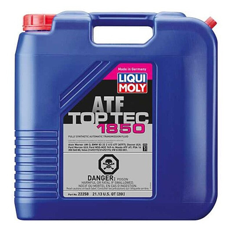 LIQUI MOLY Top Tec ATF 1850 - 20L Container - BMW 228i Gran Coupe, X1, X2, Cadillac CT4, CT5, Escalade, Escalade ESV, LYRIQ, Chevrolet Blazer EV, Camaro, Silverado, Suburban, Tahoe, Ford Bronco, Bronco Sport, EcoSport, Edge, Escape, Expedition, Explorer,