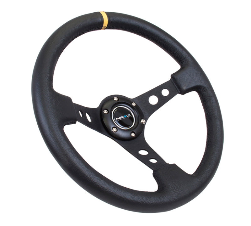 NRG Steering Wheel 350mm 3in Deep Black Leather with Black Cutout Spoke Yellow Center - Compatible with Various Vehicles - OneFastShop