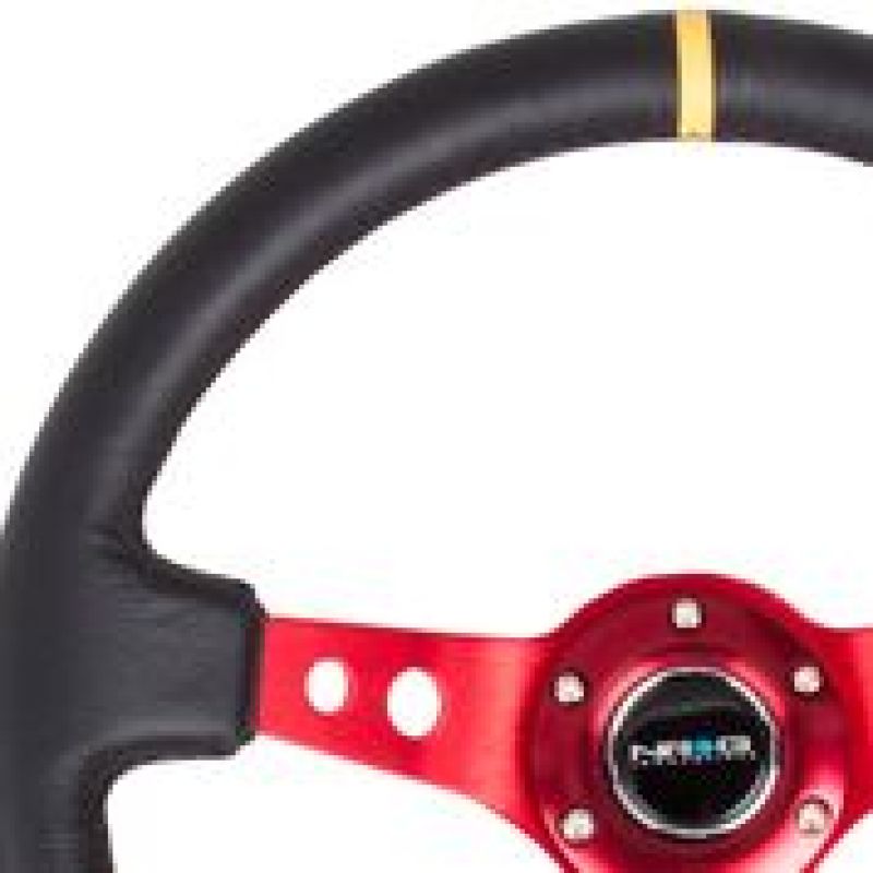 Nrg Reinforced Steering Wheel 350mm 3in Deep Black Leather with Red Spokes Yellow Center Mark