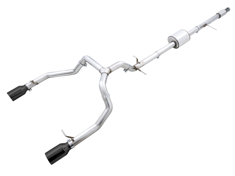 AWE 0FG Diamond Black Tip Split Rear Exit Cat-Back Exhaust (Flat Bumper) - Chevrolet Silverado / GMC Sierra 1500 5.3L 2019-2026