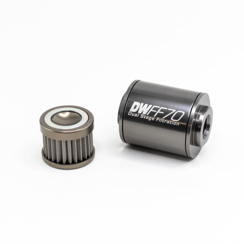 DeatschWerks Stainless Steel 8AN 100 Micron Inline Fuel Filter Housing Kit 70mm