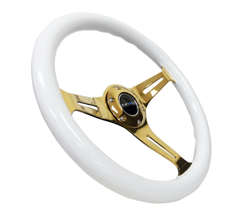 NRG Classic Wood Grain Steering Wheel 350mm White Grip with Chrome Gold 3-Spoke - Universal - OneFastShop