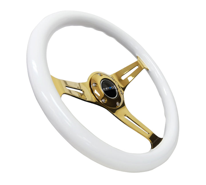 NRG Classic Wood Grain Steering Wheel 350mm White Grip with Chrome Gold 3-Spoke - Universal - OneFastShop