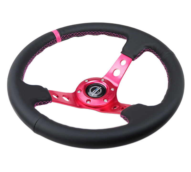 NRG Reinforced Steering Wheel 350mm/3in Black Leather Fushia Center Mark Fushia Stitching