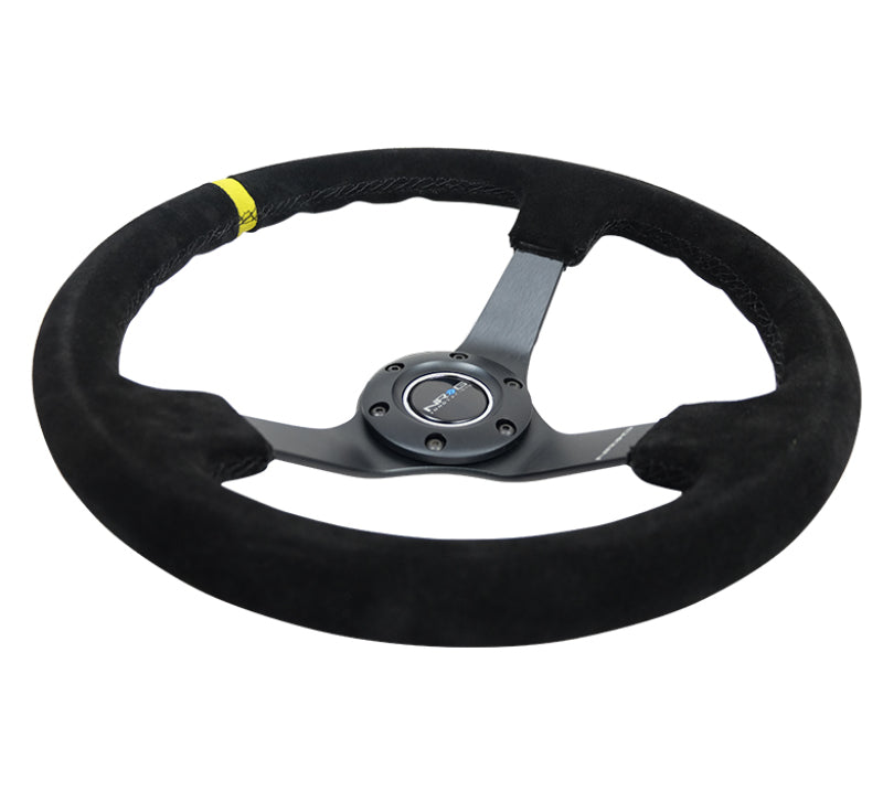 NRG Reinforced Steering Wheel with Blk Suede/X-Stitch (350mm / 3in. Deep) - Black Spoke & Yellow CM