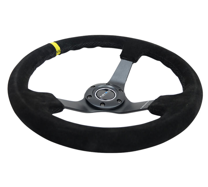 NRG Reinforced Steering Wheel with Blk Suede/X-Stitch (350mm / 3in. Deep) - Black Spoke & Yellow CM