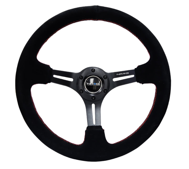 Nrg Reinforced Steering Wheel Blk Suede with Red Stitching - 350mm Diameter - 3in. Deep - OneFastShop