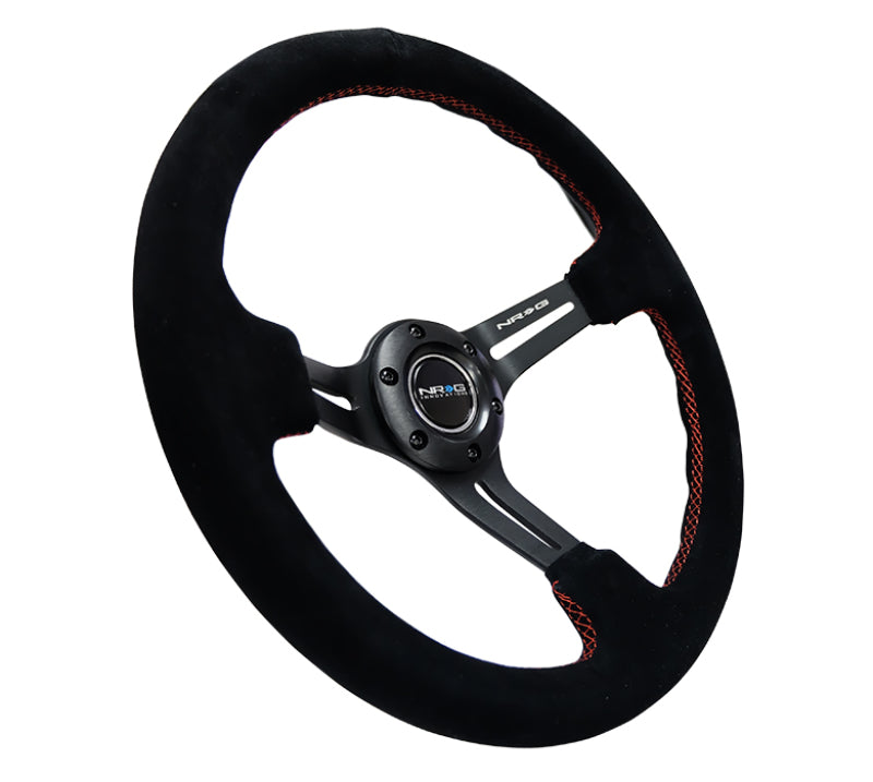Nrg Reinforced Steering Wheel Blk Suede with Red Stitching - 350mm Diameter - 3in. Deep - OneFastShop