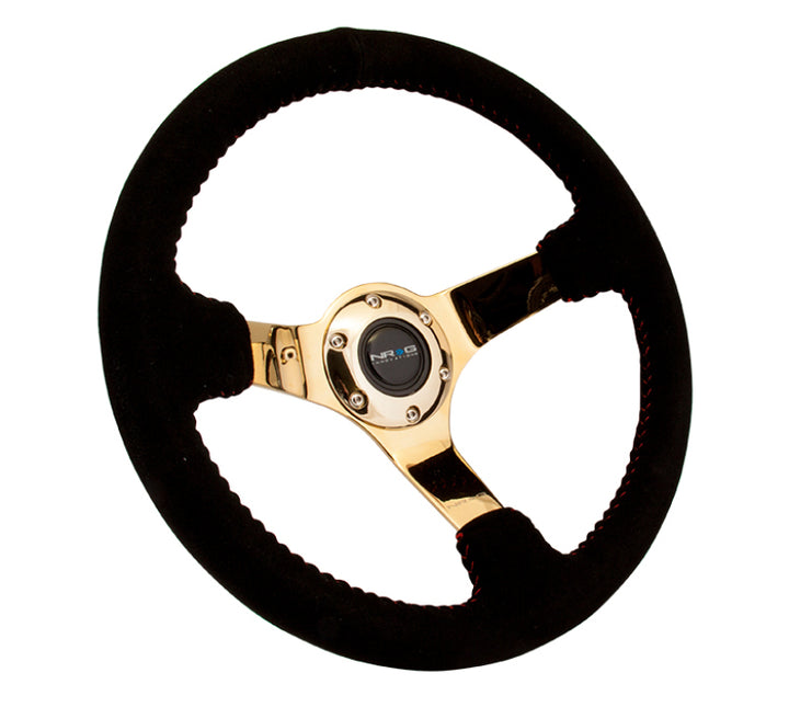 NRG Steering Wheel Reinforced 350mm 3in Deep Black Suede Red BBall Stitch Chrome Gold 3-Spoke