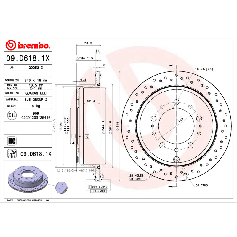Brembo Xtra Cross-Drilled Rear Brake Disc 345x18mm - Toyota Tundra / Sequoia / Land Cruiser / Lexus LX570 2007-2022 - High