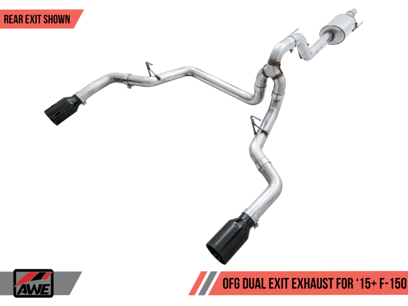 AWE Tuning 2015+ Ford F-150 0FG Dual Exit Performance Exhaust System w/5in Diamond Black Tips.