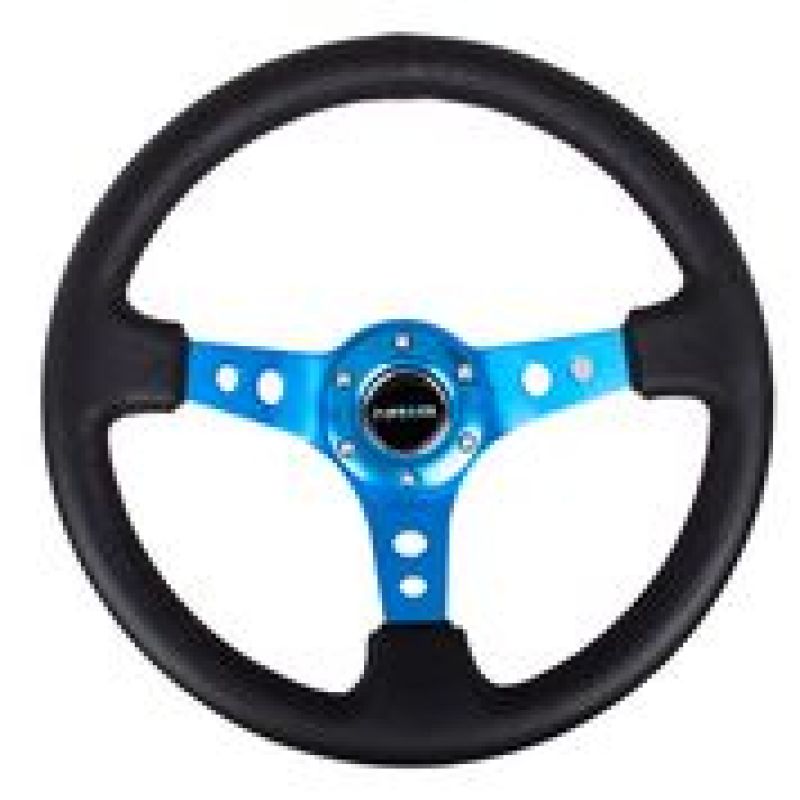 Nrg Reinforced Steering Wheel 350mm 3in Deep Black Leather Blue Circle Cutout Spokes - OneFastShop