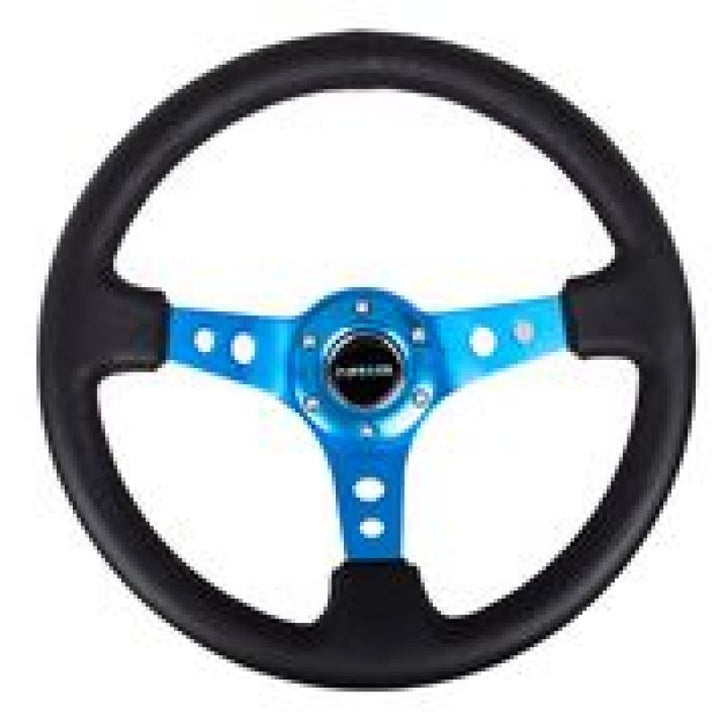 Nrg Reinforced Steering Wheel 350mm 3in Deep Black Leather Blue Circle Cutout Spokes - OneFastShop