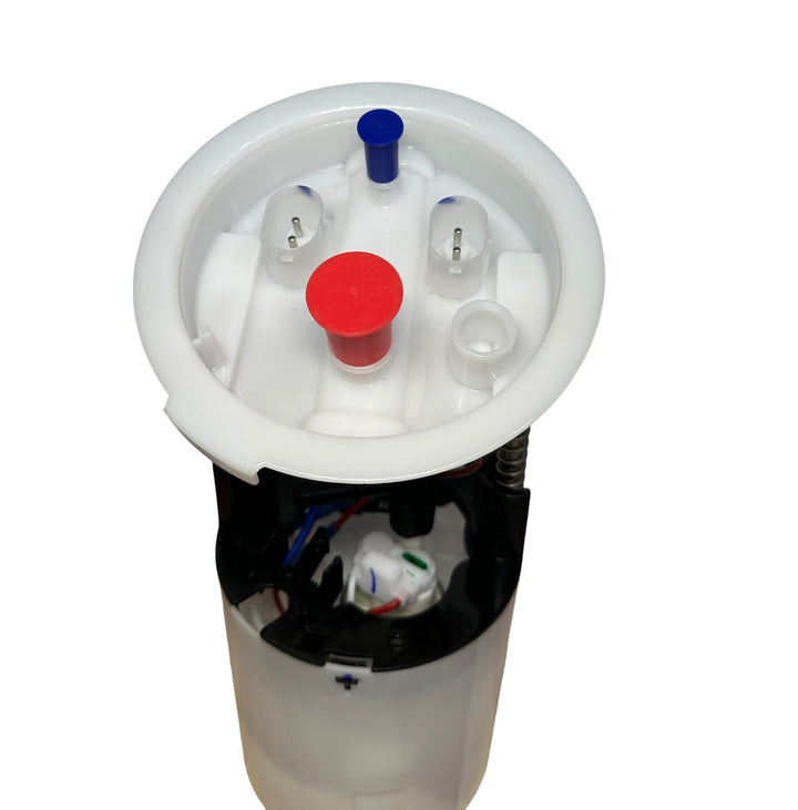 BMW N54 Stage 2.5 LPFP Walbro 535 fuel pump bucket with top hat, float, and in-tank filter, angled view