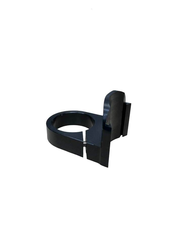Black anodized billet aluminum 39mm pump clamp bracket showing the pinch set screw and mounting tab