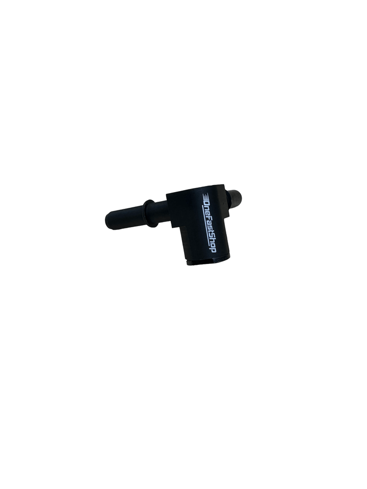Side view of the Walbro dual outlet fuel fitting showing two 7.89mm male quick-connect output ports