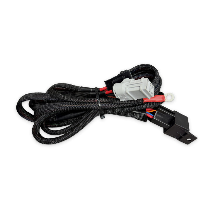 Main harness with normally open relay, weatherproof quick connect and battery ring terminal in braided sleeving