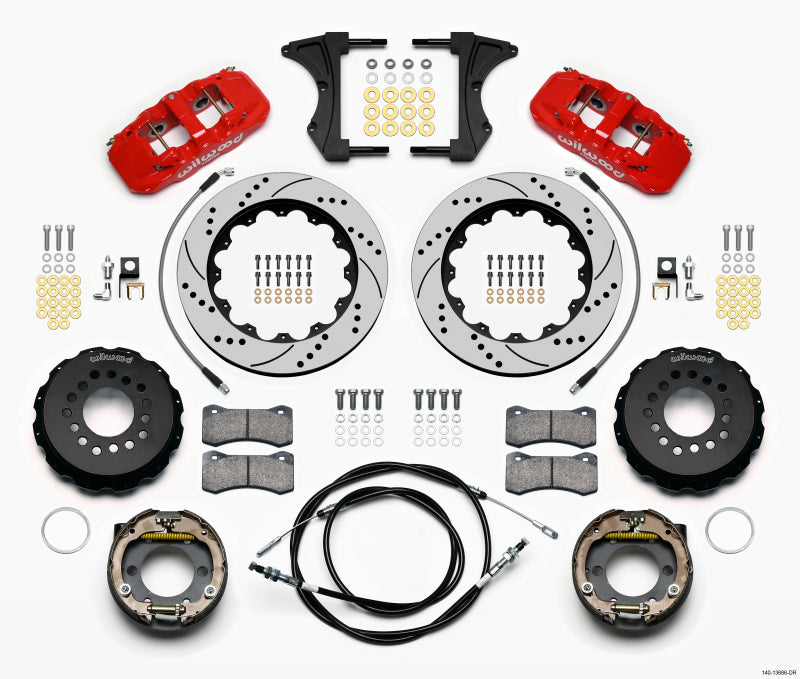 Wilwood AERO4 Rear BBK 14.00in - Ford Mustang 2005-2014 - Drilled - Red (BMR Suspension)