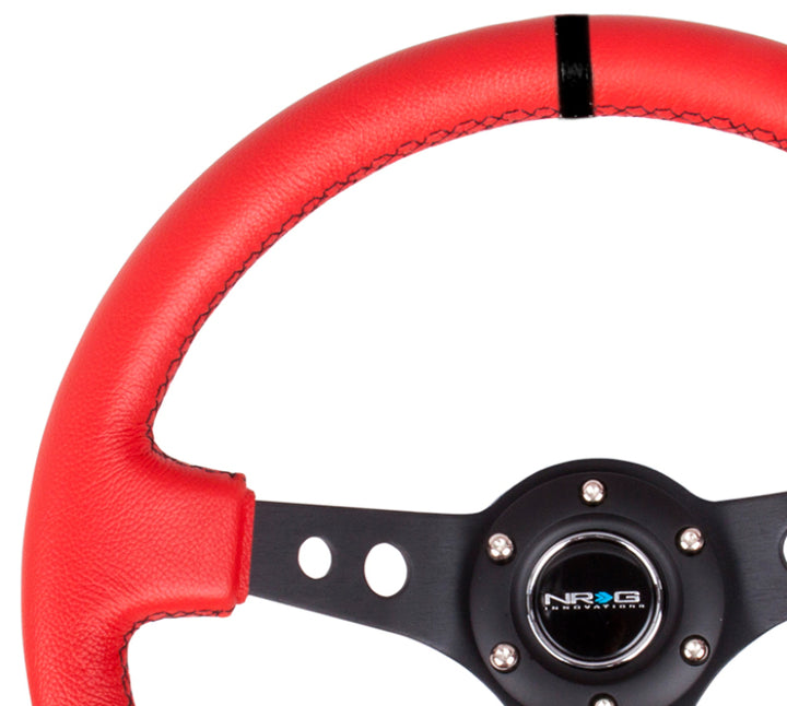 NRG Reinforced Steering Wheel (350mm / 3in. Deep) Red Suede w/Blk Circle Cutout Spokes.