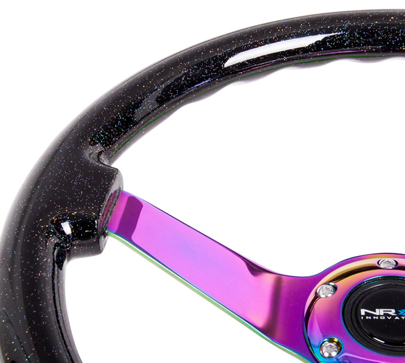 NRG Reinforced Steering Wheel (350mm / 3in. Deep) Classic Blk Sparkle w/4mm Neochrome 3-Spoke Center.