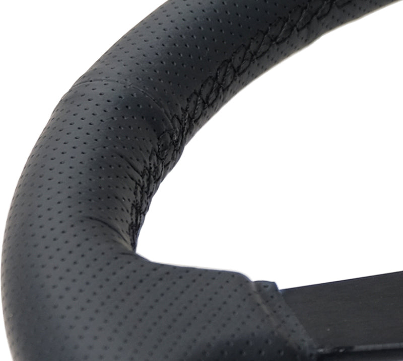 NRG Sport Steering Wheel (350mm / 1.5in Deep) Black Leather Black Stitch w/Matte Black Solid Spokes.