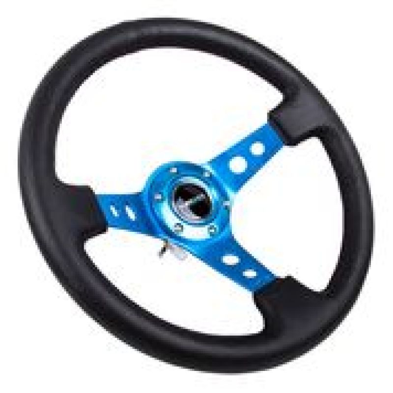 NRG Reinforced Steering Wheel (350mm / 3in. Deep) Blk Leather w/Blue Circle Cutout Spokes.