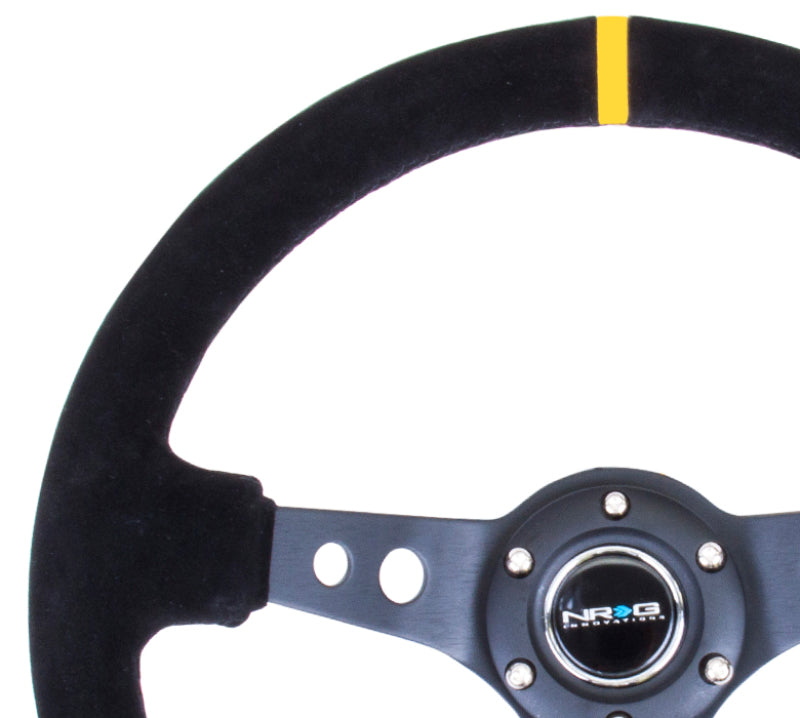 NRG Reinforced Steering Wheel (350mm / 3in. Deep) Blk Suede w/Circle Cut Spokes & Single Yellow CM.