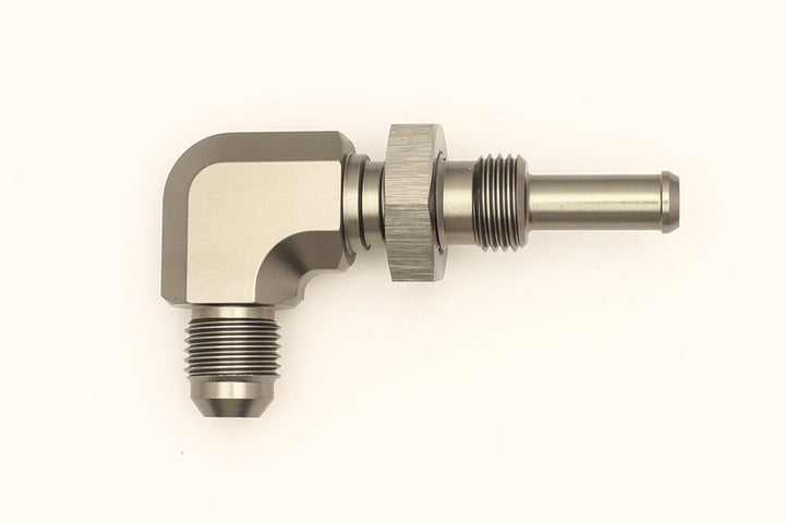 DeatschWerks 6AN Male Flare To 5/16in. Male Barb Bulkhead Adapter 90-Degree (Incl. Nut).